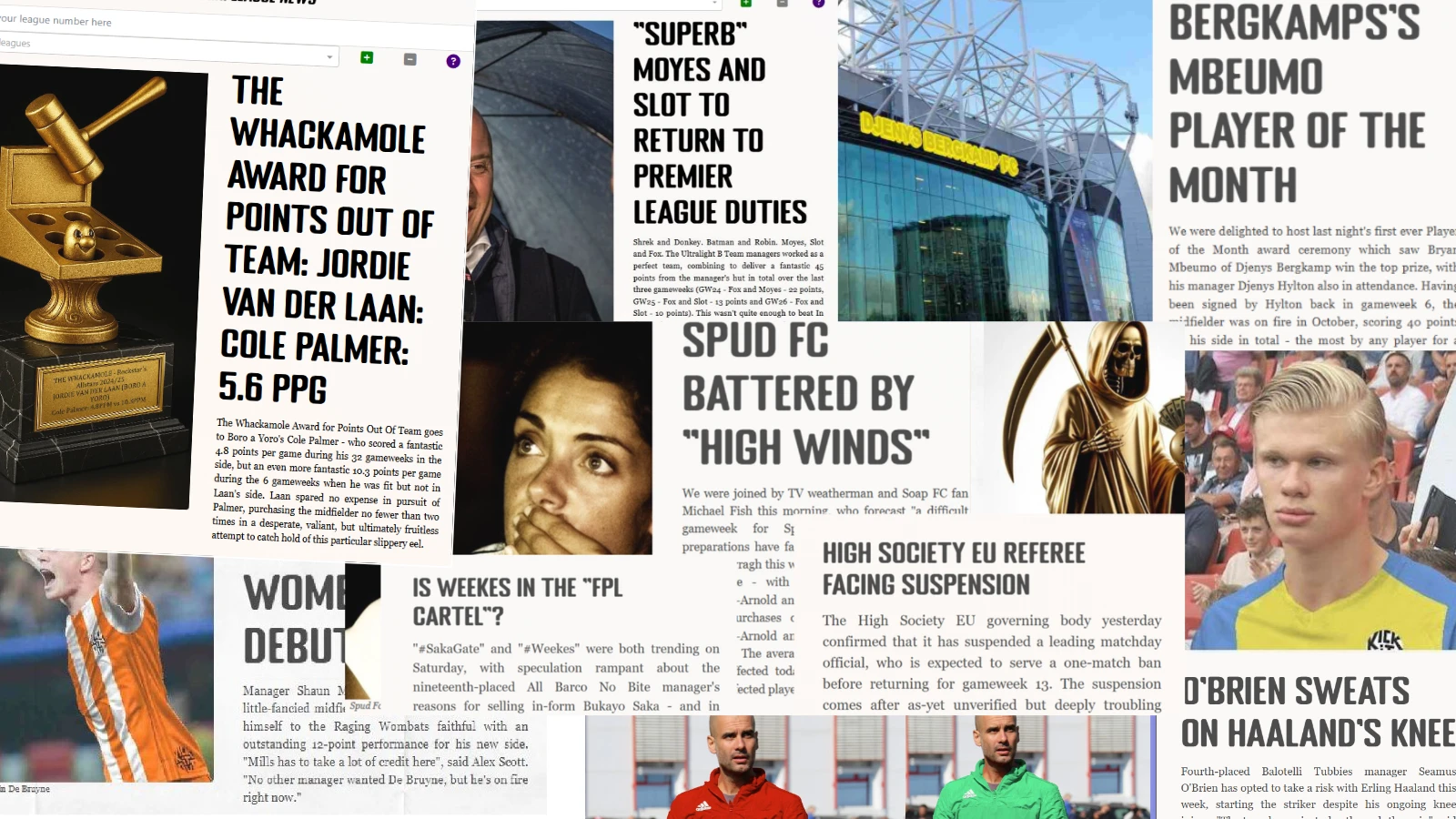 A scrapbook of FPL Mundo mini-league newspaper editions — real headlines from real leagues