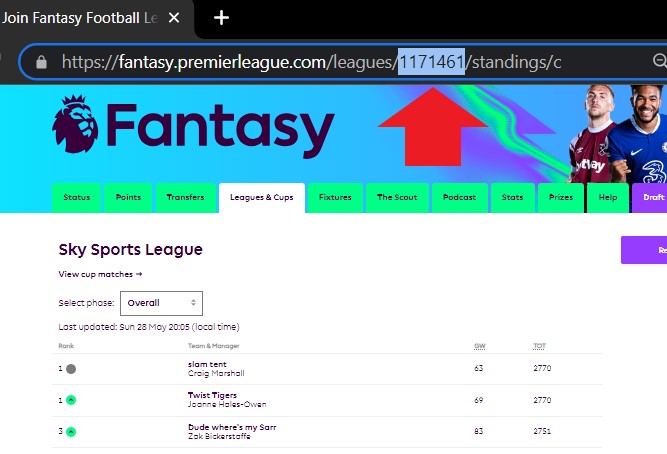 Where to find your FPL mini-league number in the address bar