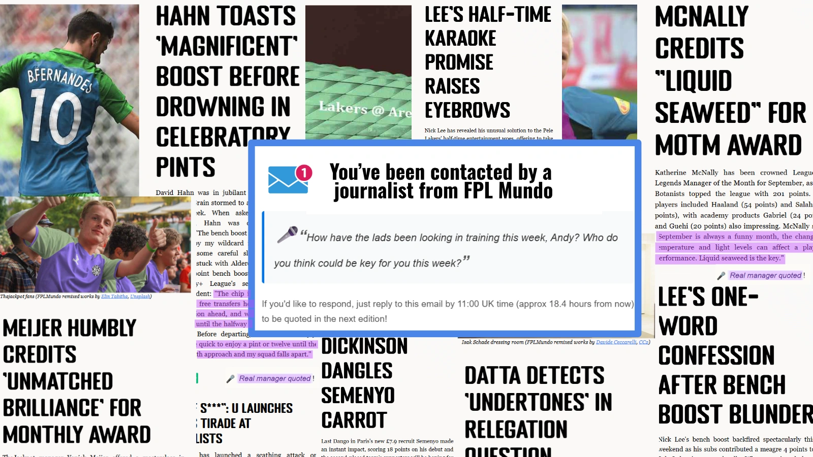 Press Conference emails and newspaper clippings — real manager quotes landing in FPL Mundo editions