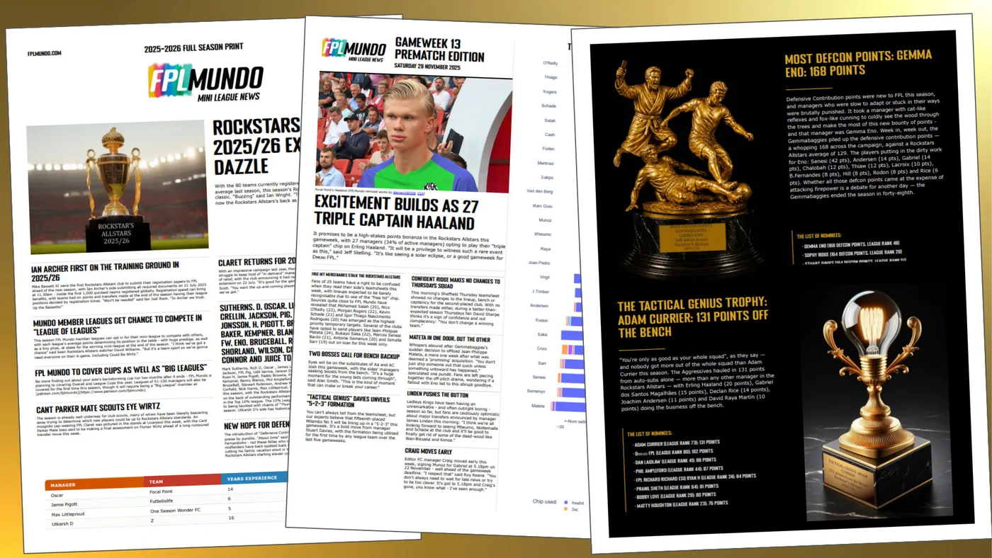 Three pages from a Full Season PDF: the front page, a gameweek edition and the end-of-season awards